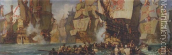 The Fight Off Portland Hill, Lord Howard On The 'ark Royal', Hard Beset By The Spanish Galleons, Is Towed Into The Breeze Oil Painting - Kenneth Shoesmith