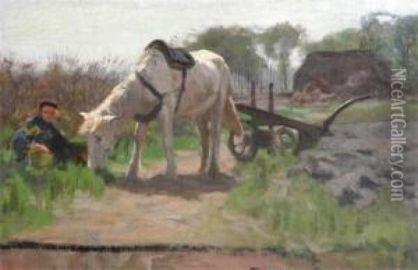 A Bullock Pulling A Cart And A Horse Resting After A Days Work Oil Painting - Hermann Johannes Van Der Weele