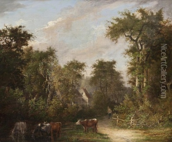 Cattle In A Wooded Landscape Oil Painting - George Barrell Willcock