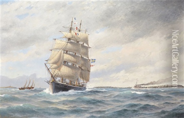 Fartyg Vid Slite Hamn Oil Painting - Jacob Haegg
