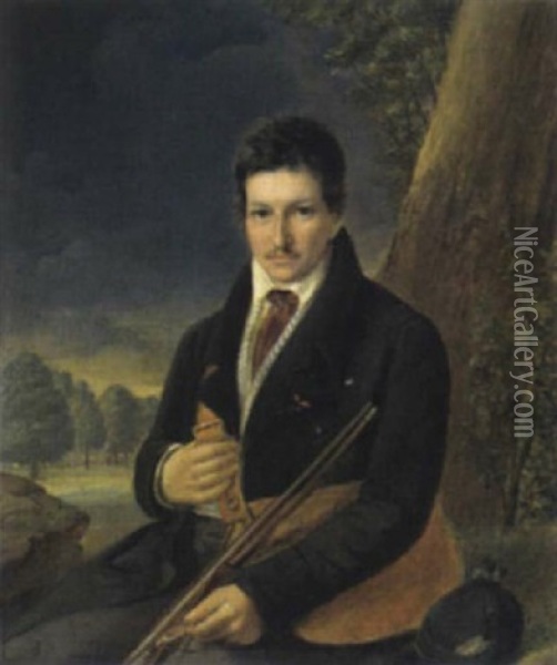 Portrait Eines Herrn In Jagdkleiding Vor Einer Landschaft Sitzend Oil Painting - Joseph Bernhardt