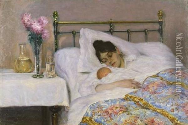 Mor Og Barn 1894 Oil Painting - Jakob Bratland