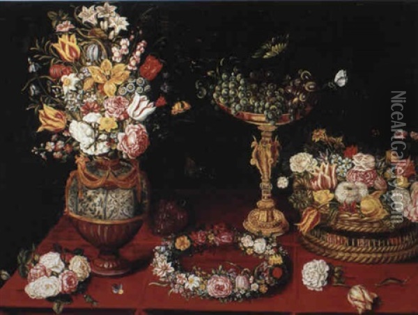 Still Life With Flowers In A Vase And A Basket Of Fruit On A Draped Ledge Oil Painting - Jan Brueghel the Elder