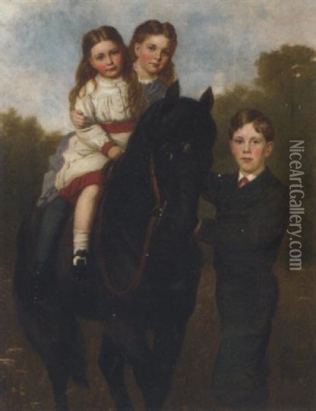 Portrait Of The Chetwynd Children, Two Girls On A Horse Being Held By Their Brother, In A Paddock Oil Painting - Sydney Hodges