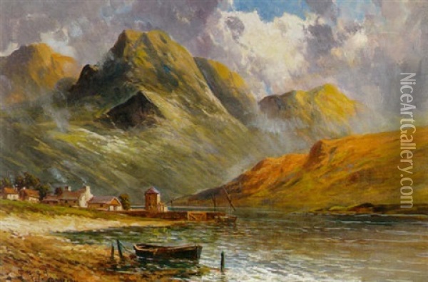 A View Of A Loch With Houses And A Dinghy On The Shore And Mountains Beyond Oil Painting - Frank E. Jamieson