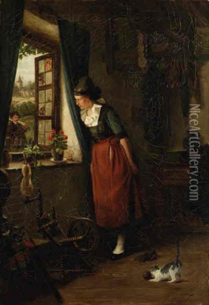 Peeking Out The Window Oil Painting - Albertus Johan Neuhuys