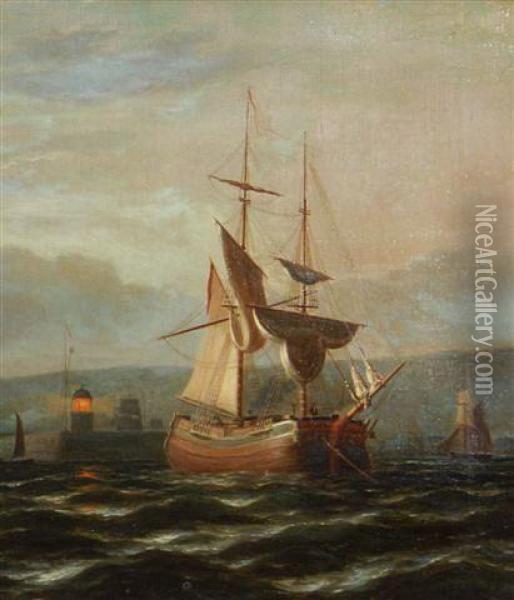 A Twin Masted Sailing Vessel Off A Harbour With Operating Lighthouse In Moonlit Waters Oil Painting - Vivian Crome