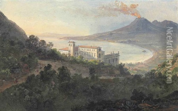 View Over Quisisana Towards The Bay Of Naples, Vesuvius Beyond Oil Painting - Johan Christian Dahl