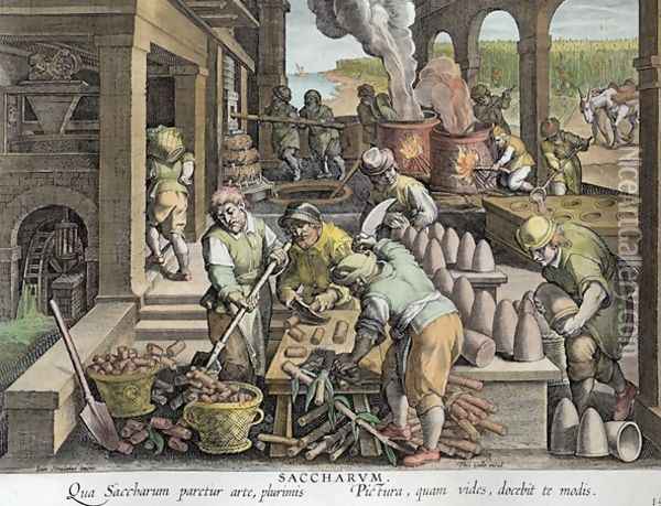 A Sugar Mill and the Production of Sugar Loaves, plate 14 from Nova Reperta New Discoveries engraved by Philip Galle 1537-1612 c.1600 2 Oil Painting - Giovanni Stradano