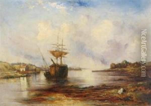 Ship At Low Tide On The Coast Oil Painting - John R. Prentice