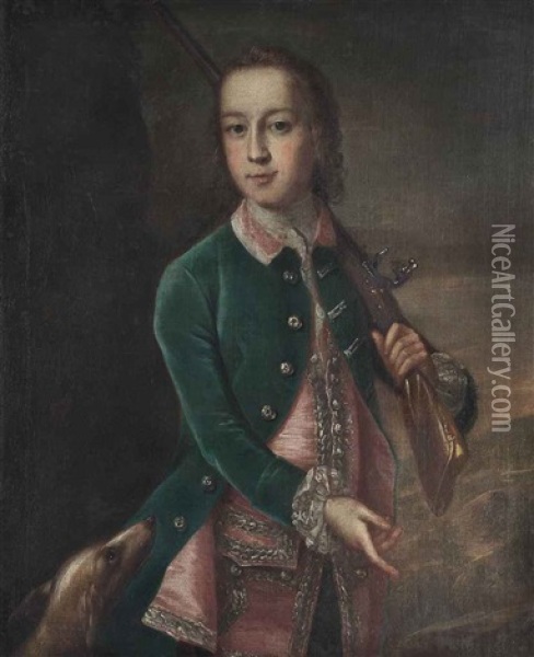 Portrait Of A Boy In A Green Velvet Coat, Three-quarter-length, Holding A Gun, A Dog To His Side, In A Landscape Oil Painting - Enoch Seeman