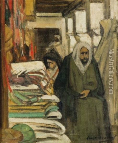 Souk Aux Tissus, Maroc Oil Painting - Lucien Hourtal