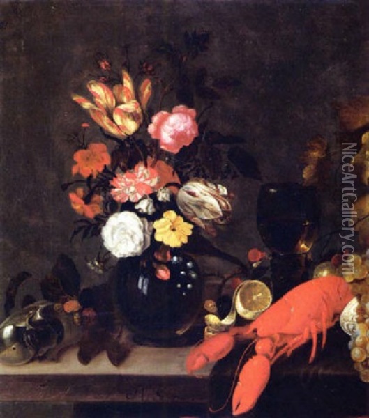 A Still Life With Tulips, Carnations, Roses, Lilies-of-the-valley In A Glass Vase, A Nautilus Shell, A Lobster, A Lemon On A Wooden Table Oil Painting - Michiel Simons