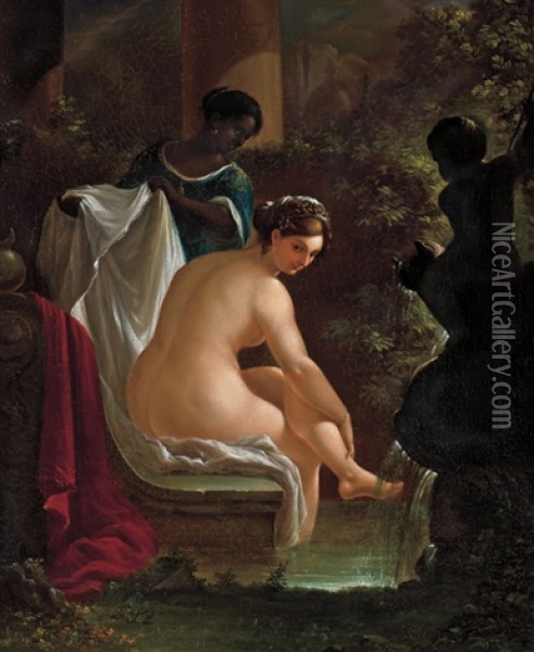 Preparing Her Bath Oil Painting - Nicolino V. Calyo