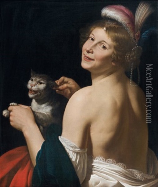 Jeune Femme Au Chat, Allegorie Du Toucher Oil Painting - Jan Van Bijlert