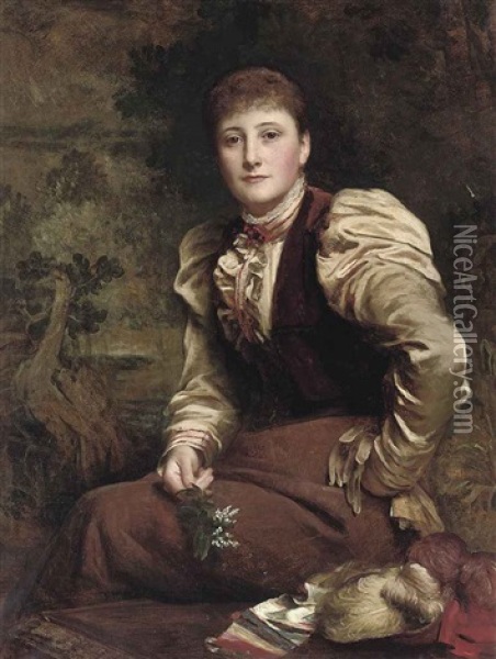 Portrait Of Ruth Hodgson In A Brown Dress, Holding A Spray Of Lilies Of The Valley Oil Painting - Henry Tanworth Wells