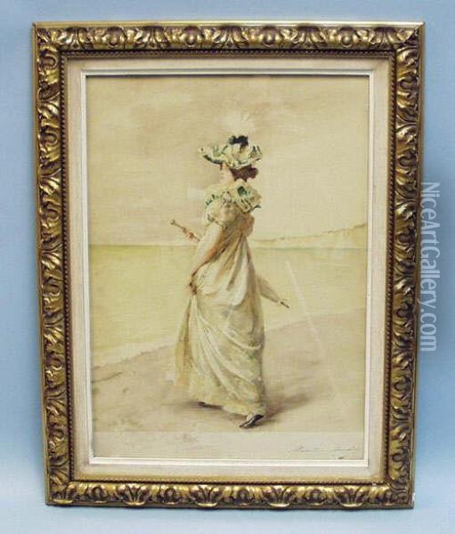 Ladyin Belle Epoque Costume At The Sea Shore Oil Painting - Madeleine Jeanne Lemaire