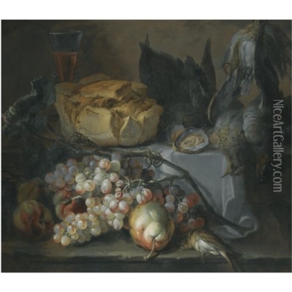 Still Life With A Loaf Of Bread, Oysters, Grapes And Dead Game Oil Painting - Pierre Nicolas Huilliot