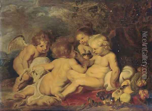 The Christ Child and the Intant Saint John the Baptist with putti in a wooded clearing Oil Painting - Sir Peter Paul Rubens
