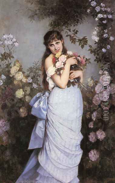 A Young Woman in a Rose Garden Oil Painting - Auguste Toulmouche