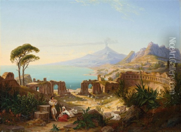 Blick Auf Das Griechische Theater Von Taormina (sizilien). Im Hintergrund Der Atna Oil Painting - Carl Daniel Freydanck