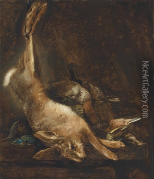 A Hare, A Teal, A Kingfisher And Songbirds On A Stone Ledge Oil Painting - Elias Vonck