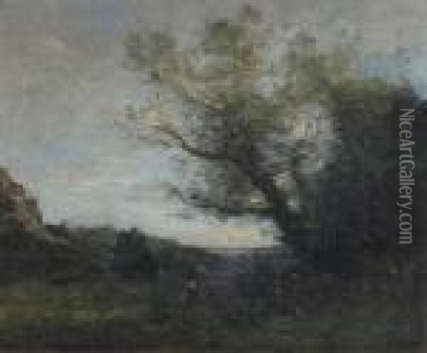 A Figure In A Wooded Landscape Oil Painting - Jean-Baptiste-Camille Corot
