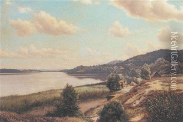An Extensive Lake Landscape Oil Painting - Adolf Alfred Larsen
