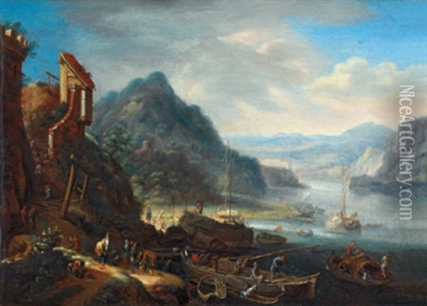 Eine Gebirgige Flusslandschaft Mit Einer Hafenszenerie Oil Painting - Jan Griffier the Elder
