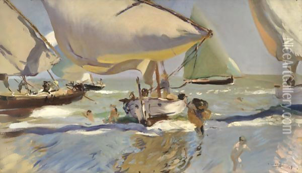 Boats On The Shore Oil Painting - Joaquin Sorolla Y Bastida
