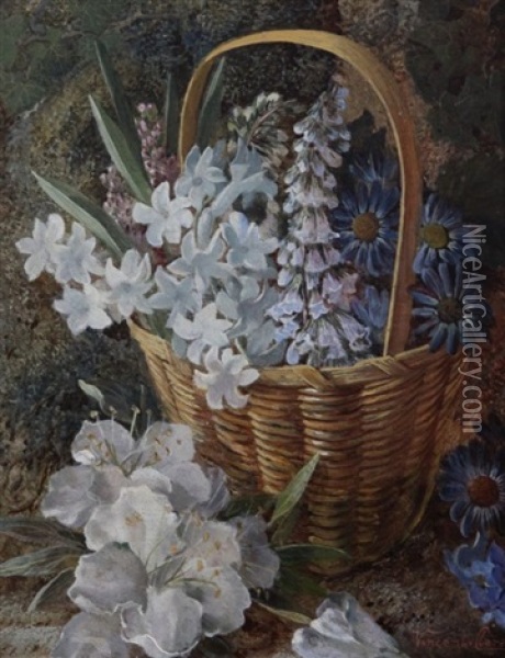Still Lifes Of Flowers In A Basket And Grapes In A Mossy Bough (pair) Oil Painting - Vincent Clare