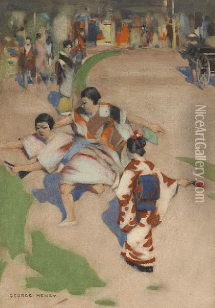 Japanese Children At Play Oil Painting - George Henry