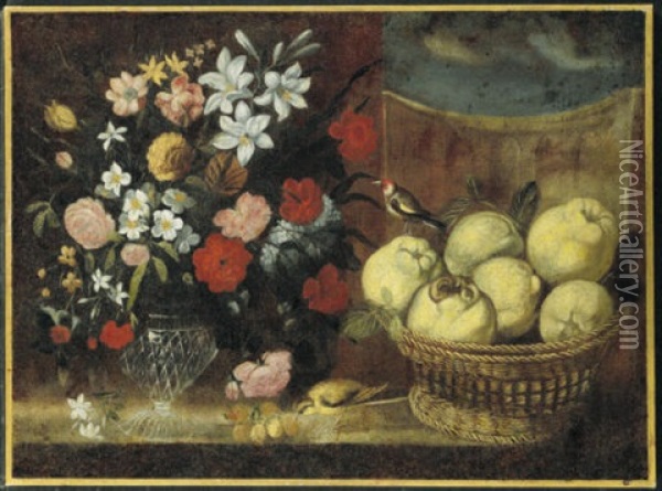 A Vase Of Flowers And A Basket Of Quinces With Two Birds On A Tabletop Oil Painting - Juan Van Der Hamen Y Leon
