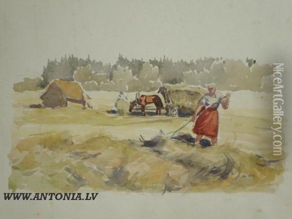Haymaking Oil Painting - Zigurds Gustins