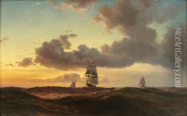 Marine Med Tre Skibe I Solnedgangen Oil Painting - Vilhelm Melbye