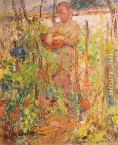 Femme Ramassant Des Tomates Dans Le Jardin Oil Painting - Joseph Lamberton