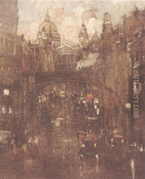 Twilight, Fleet Street At Ludgate Hill Oil Painting - James Kay