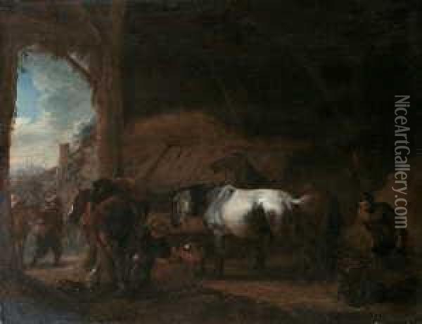 Ein Kleiner Pferdestall.

 Monogrammiert Unten Rechts: Phw.

 Ol Auf Holz. H 27; B 35 Oil Painting - Pieter Wouwermans or Wouwerman