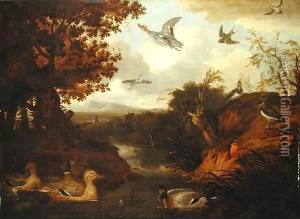 Ducks and other birds about a stream in an Italianate landscape Oil Painting - Francis Barlow
