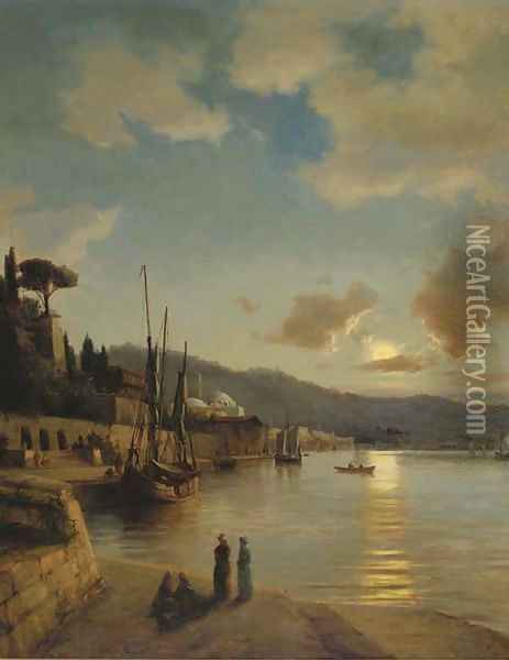 An oriental harbour by moonlight Oil Painting - Anton Melbye