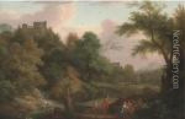 An Italianate Wooded Landscape, With Figures By A Stream Andbuildings Beyond Oil Painting - Gaspard Dughet Poussin