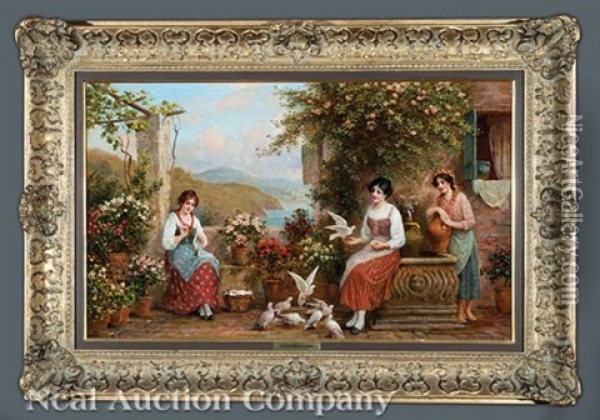 Three Maidens By The Well Oil Painting - Arthur Trevor Haddon