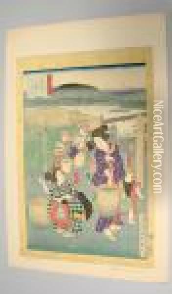 Ladies Gathering Tea Leaves Oil Painting - Kunisada