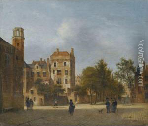 An Imaginary View Of A Town With Elegant Figures Strolling Andconversing On A Square Oil Painting - Jan Van Der Heyden