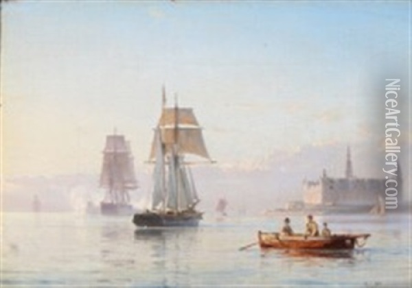 Ships Off The Coast At Kronborg Castle Oil Painting - Carl Johann Neumann