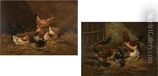 Chickens In The Stable Oil Painting - G.R. Lambert
