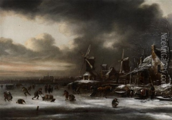 Winterbild. Reges Treiben Auf Dem Eis Vor Einer Hollandischen Stadt. Aufziehende Gewitterwolken Oil Painting - Nicolaes Molenaer