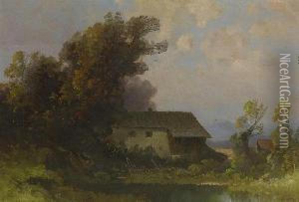 Bauernhaus Am Wasser. Oil Painting - Oskar Mulley
