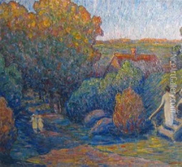 Autumnal Landscape With Figures In White Oil Painting - Carl Otto Holm