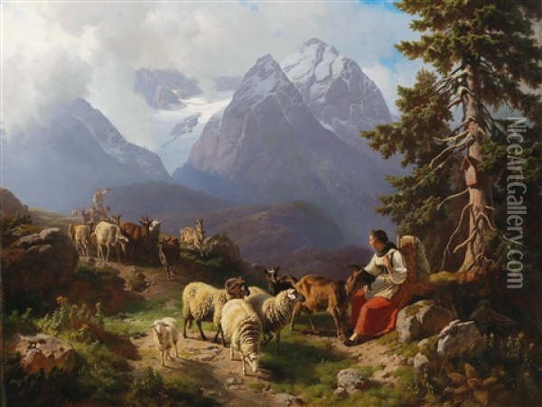 Sheep And Goatherders With Cattle Returning Home Oil Painting - Robert Eberle